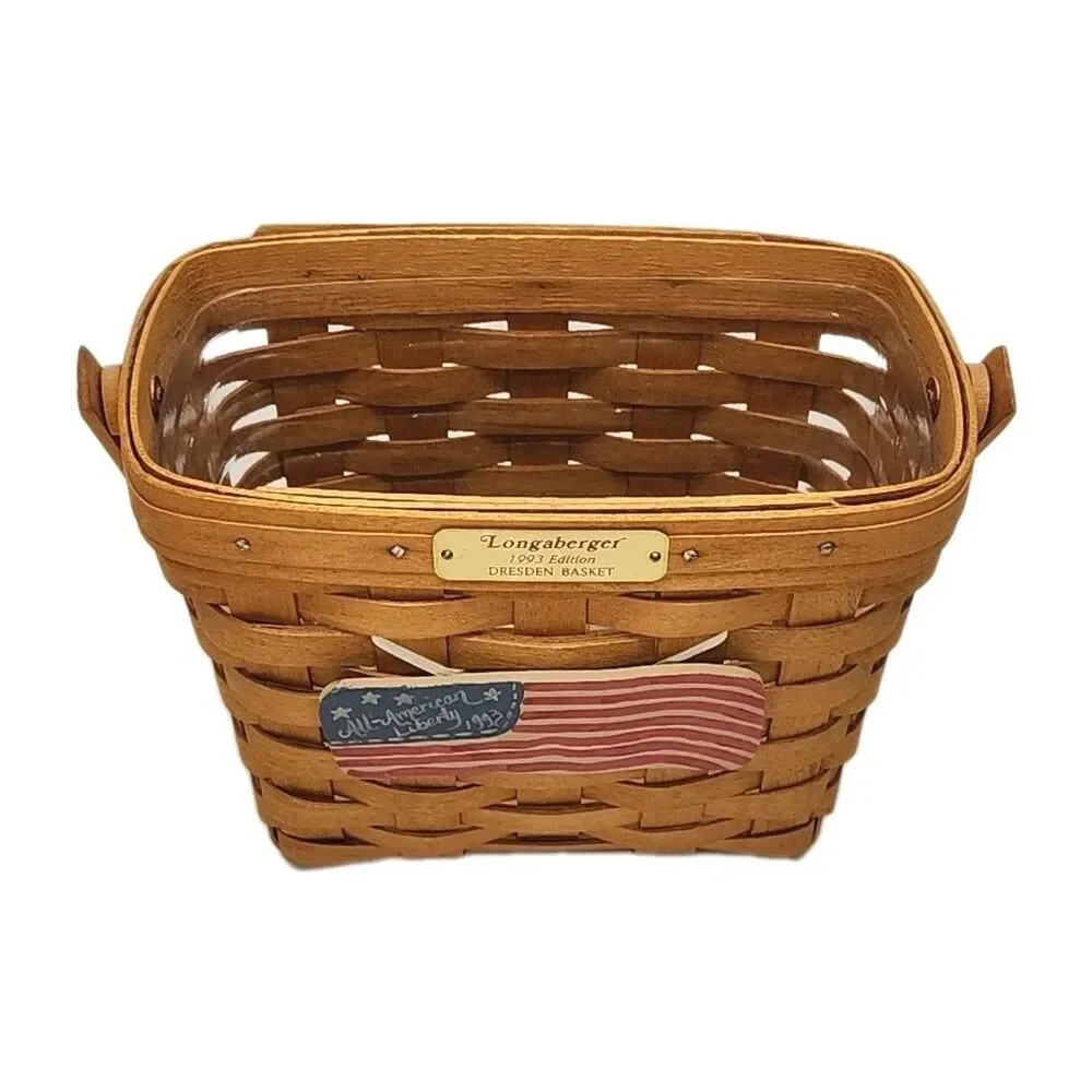 Longaberger Basket Dresden 1993 Edition w/Protector Flag Charm Woven Collectible